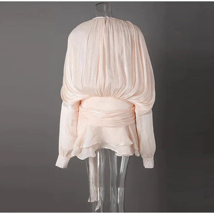 Keyhole Tie Neck Pleated Bishop Sleeve Tiered Ruffle Skirt Set