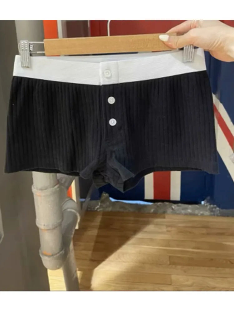 Casual Women Fashion Front Buttons Blue Striped Printed Shorts Summer Vintage High Elastic Waist Female Chic Bottoms