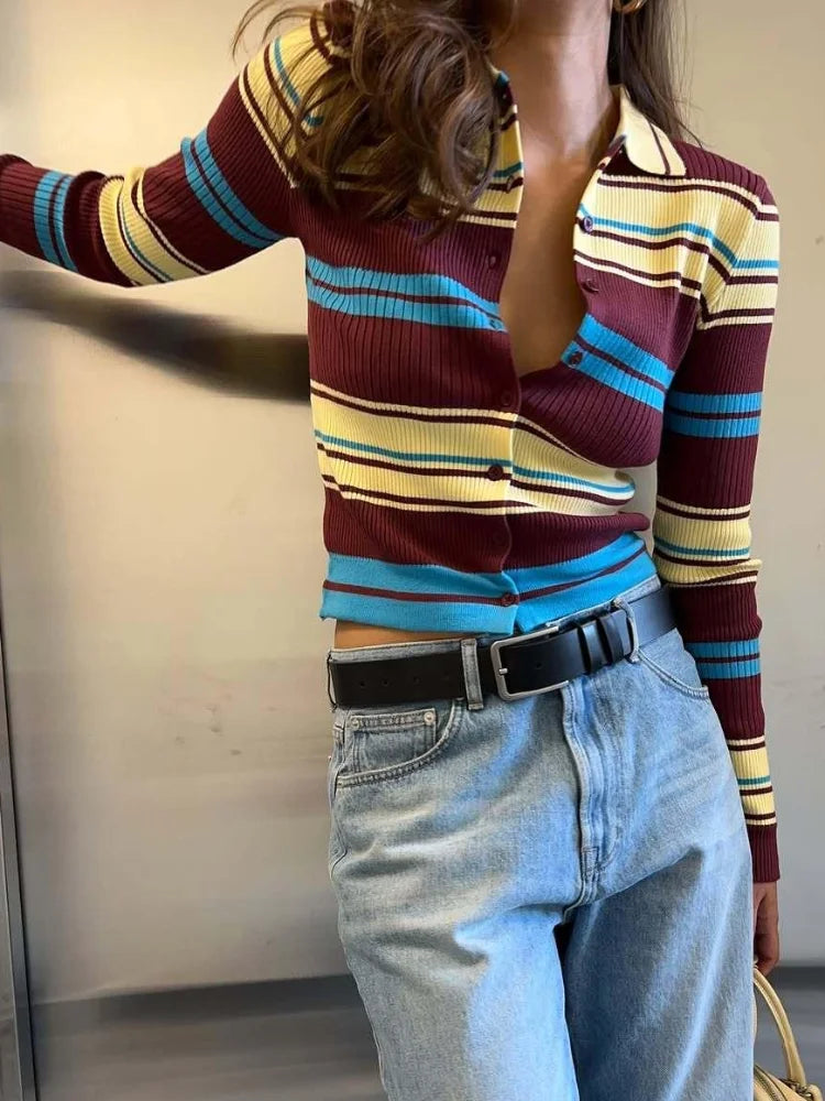 Knitted Contrast Color Striped Cardigans Women Single Breasted Thin Slim Long Sleeve Lapel Female Sweater 2025 Autumn Basic Top