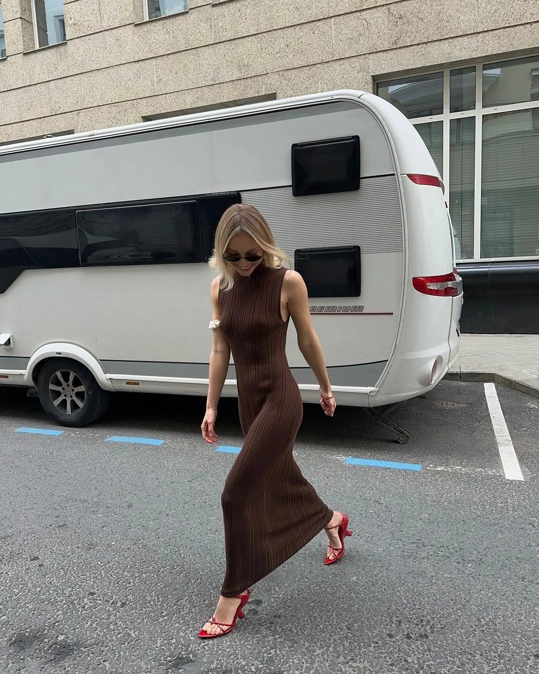 Mock Neck Sleeveless Rib Knit Bodycon Maxi Dress