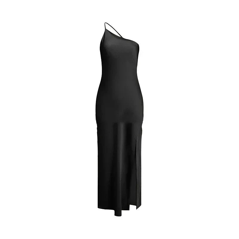 Asymmetric Strap Backless Slit Satin Maxi Dress