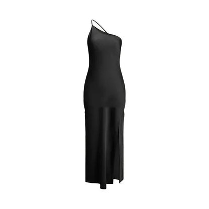 Asymmetric Strap Backless Slit Satin Maxi Dress