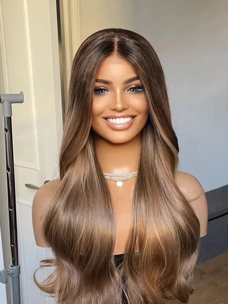Honey Blonde Lace Front Wig Heat Resistant Premium Synthetic Lace Front Wig Brown Blonde Mix Wig For Woman Long Wavy