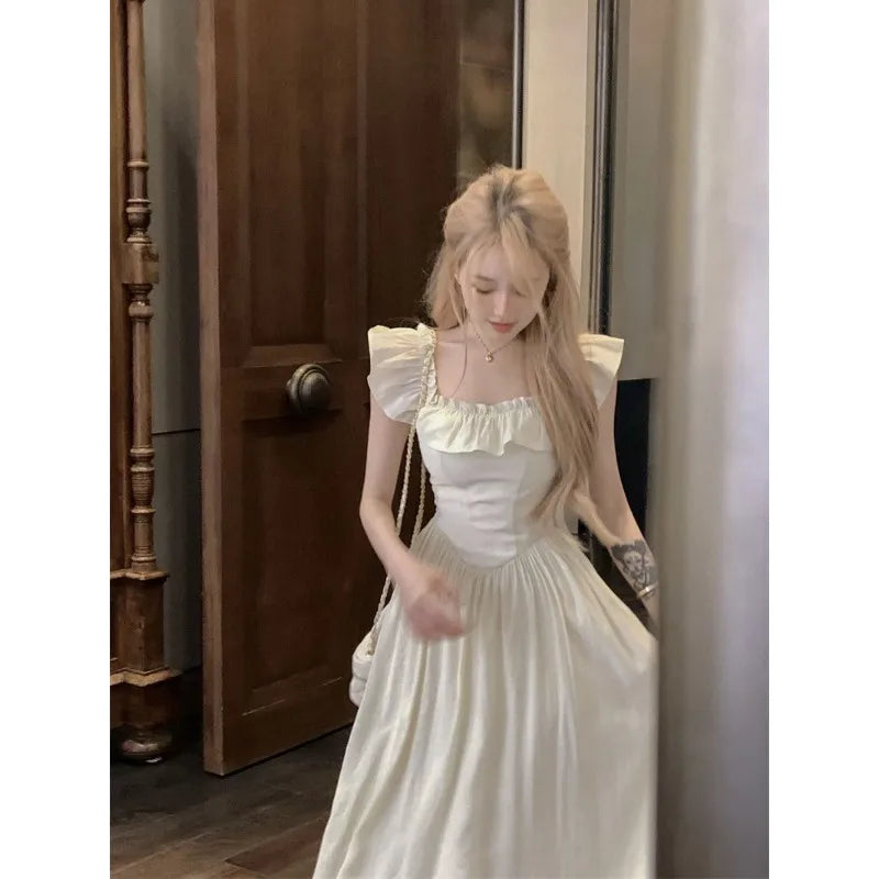 Sweet Gentle Square Neck Dress Summer New Temperament Waist-sharp Mid-length Dress