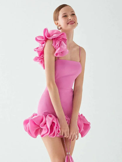 Square Neck One Shoulder Sculptural Ruffle Trim Flared Hem Mini Dress
