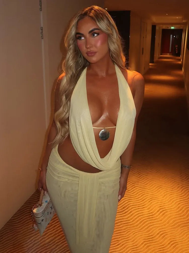 Women's Mesh Maxi Skirt 2 Piece Set Low Cut V-Neck Tie Sexy Backless Halter Lacing Top Slim Bodycon Long Skirt Partywear