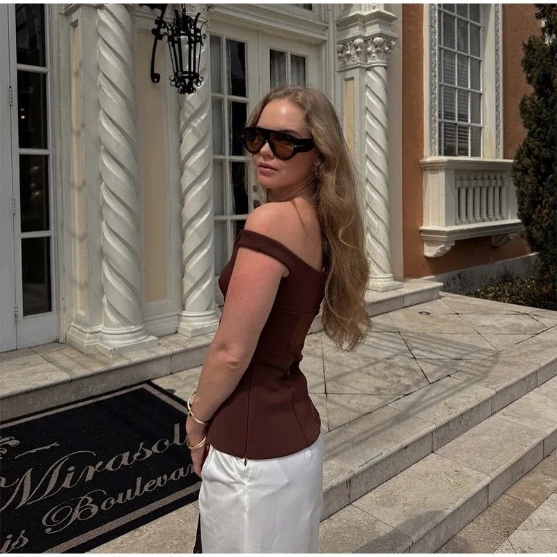 Women's Suit Solid Off Shoulder Backless Waist Cinching Sleeveless Top Straight Trousers Female 2 Pieces Summer Matching Sets