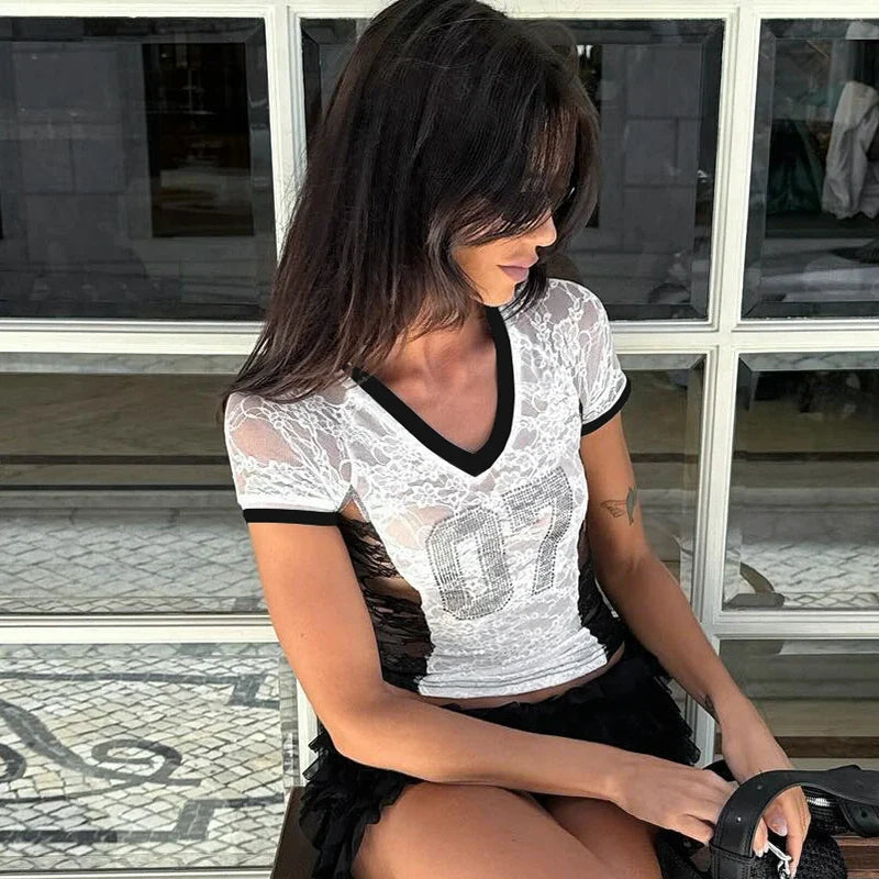 Rhinestone V-neck Patchwork Crop Top