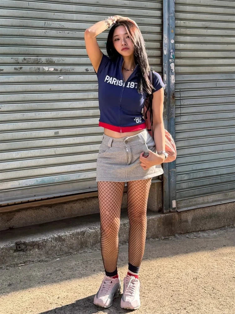 Women's Fashion Printed Zip Up Crop Tops Casual Round Neck Short Sleeves Color Block Hem Blouse Lady Commute Outfits