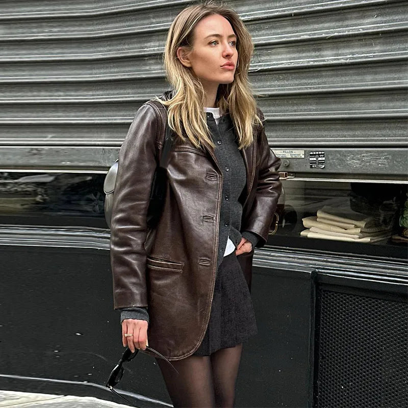 Women's PU Leather Jackets Casual Turn Down Collar Long Sleeve Single Breasted Pockets Loose Female Motorcycle Coat Lady Outwear