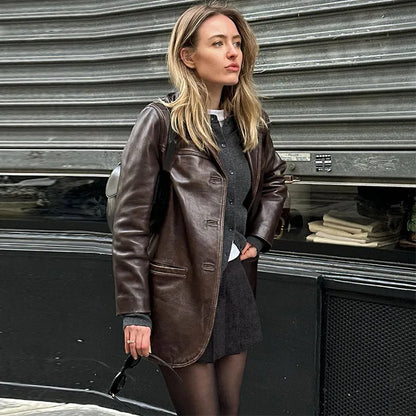 Women's PU Leather Jackets Casual Turn Down Collar Long Sleeve Single Breasted Pockets Loose Female Motorcycle Coat Lady Outwear