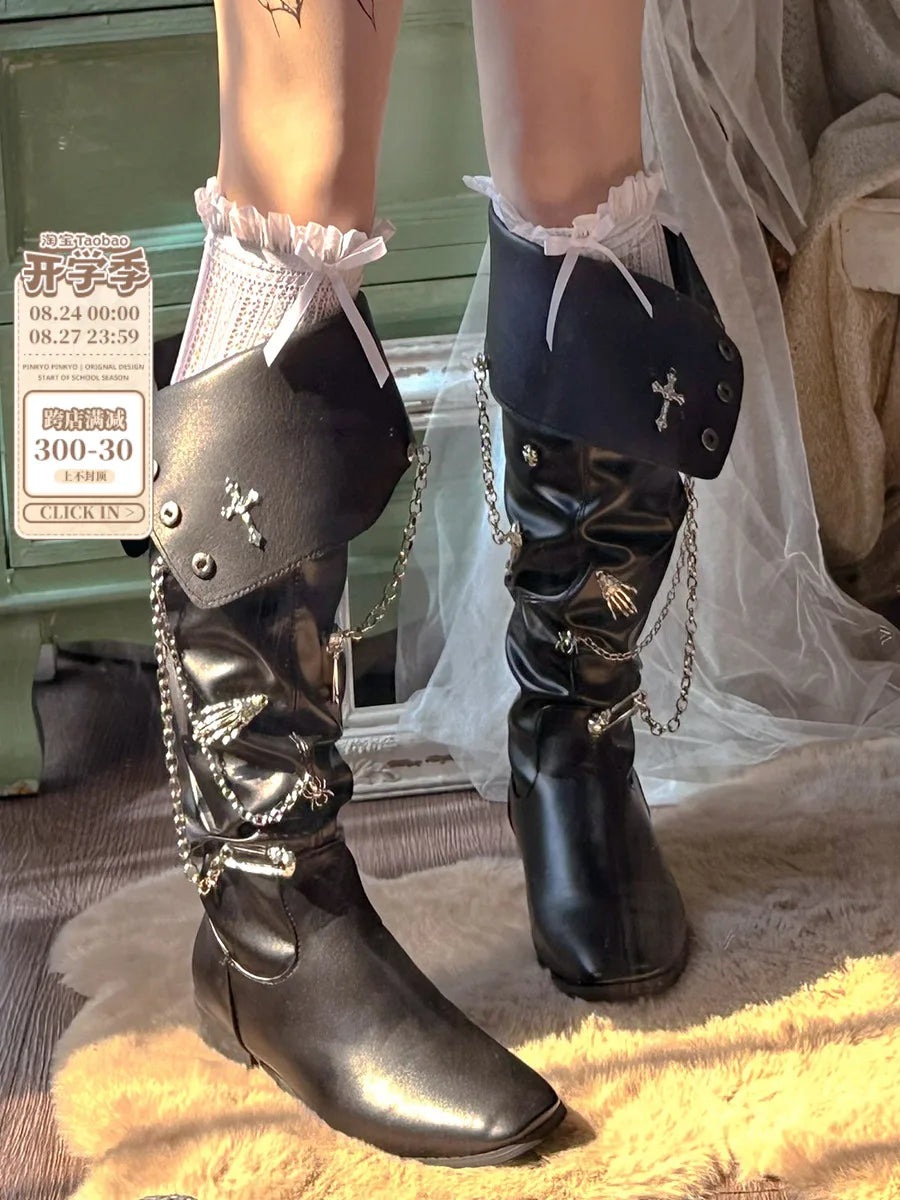 Pinkyo Original Dark Cross Pointed Spicy Girl Boots Lolita American Punk Style Thick Heel Retro Knight Boots