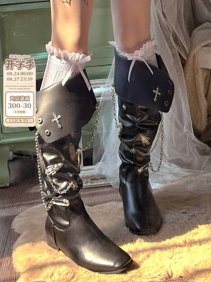 Pinkyo Original Dark Cross Pointed Spicy Girl Boots Lolita American Punk Style Thick Heel Retro Knight Boots