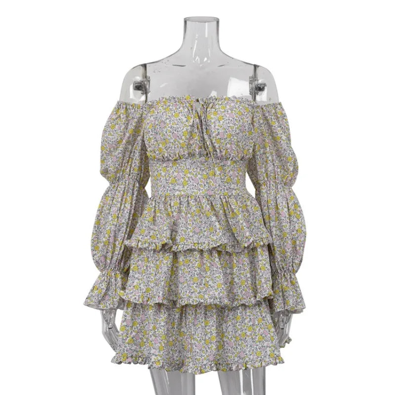 Slash Neck Long Sleeve Floral Print Ball Gown High Street Women Off Shoulder High Waist Ruffles A-line Short Party Dresses
