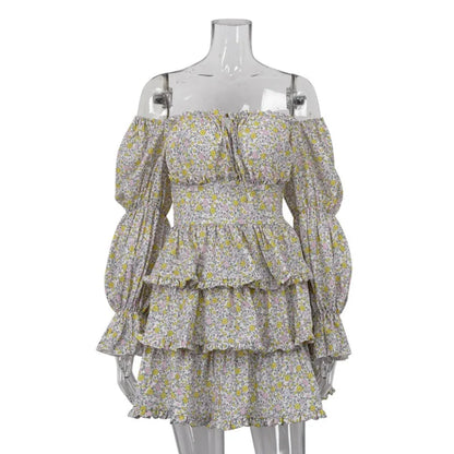 Slash Neck Long Sleeve Floral Print Ball Gown High Street Women Off Shoulder High Waist Ruffles A-line Short Party Dresses