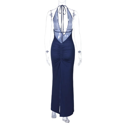 Halter Deep V Floral Crystal Embellished Bodycon Maxi Dress