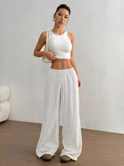 New Style Pure Cotton Fashion Casual Solid Color Loose Wide-Leg Floor-Length Trousers for Women