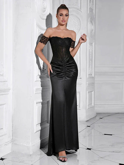 Off Shoulder Lace Corset Bodice Satin Ruched Center Maxi Gown