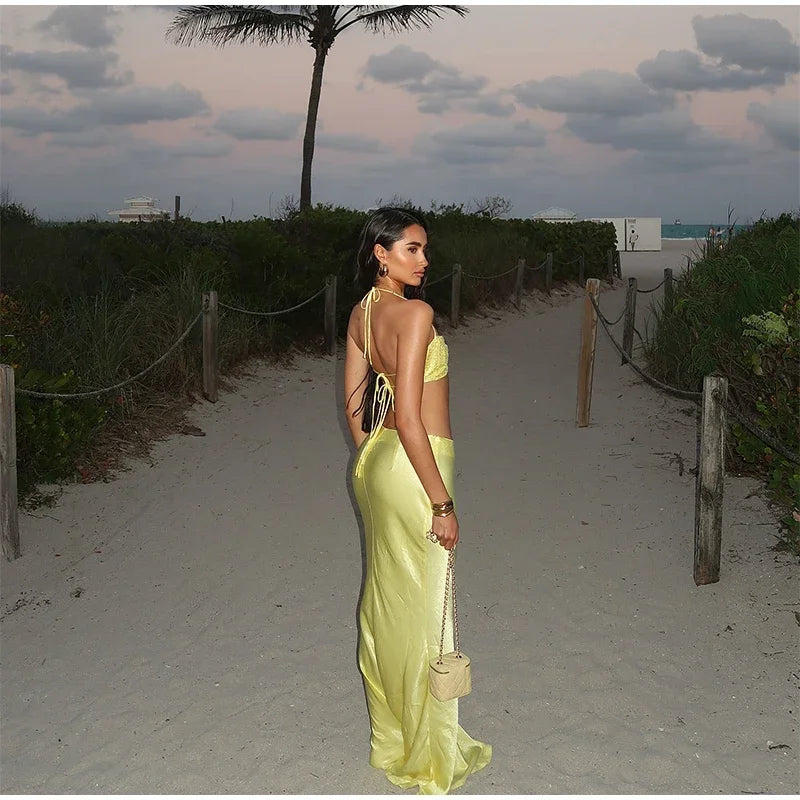 Sexy Sequined Bikini Top Skirt Sets Women Halter Lace Up Backless Crop Top Hip Package Long Skirts 2025 Summer Lady Beach Suits