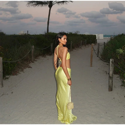 Sexy Sequined Bikini Top Skirt Sets Women Halter Lace Up Backless Crop Top Hip Package Long Skirts 2025 Summer Lady Beach Suits