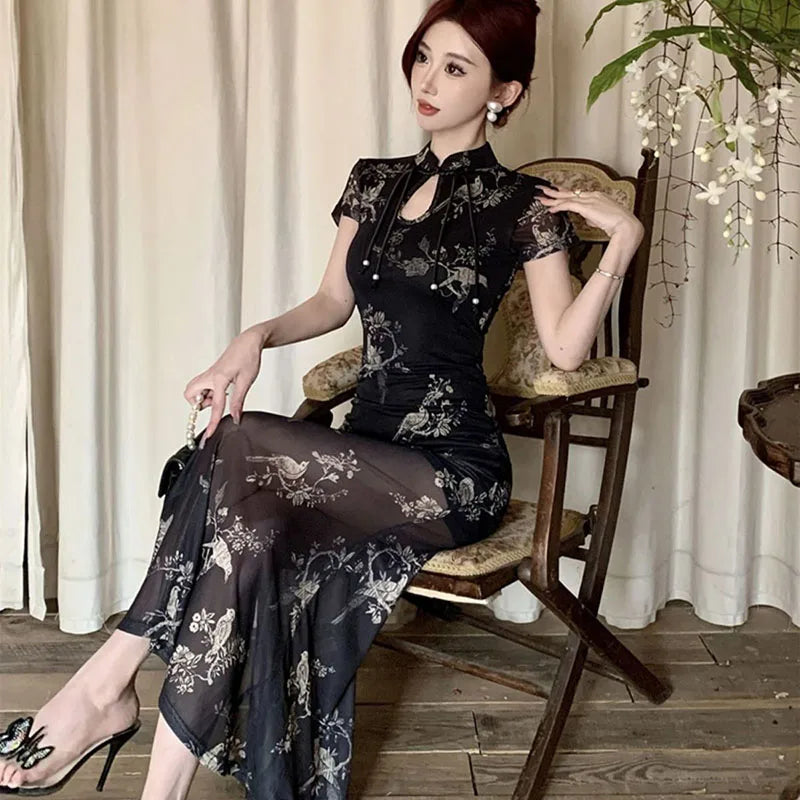 Vintage Chinese National Style Slimming Modified Cheongsam Dress Women's New Summer Chic Y2K Slim Elegant Split Long Dress
