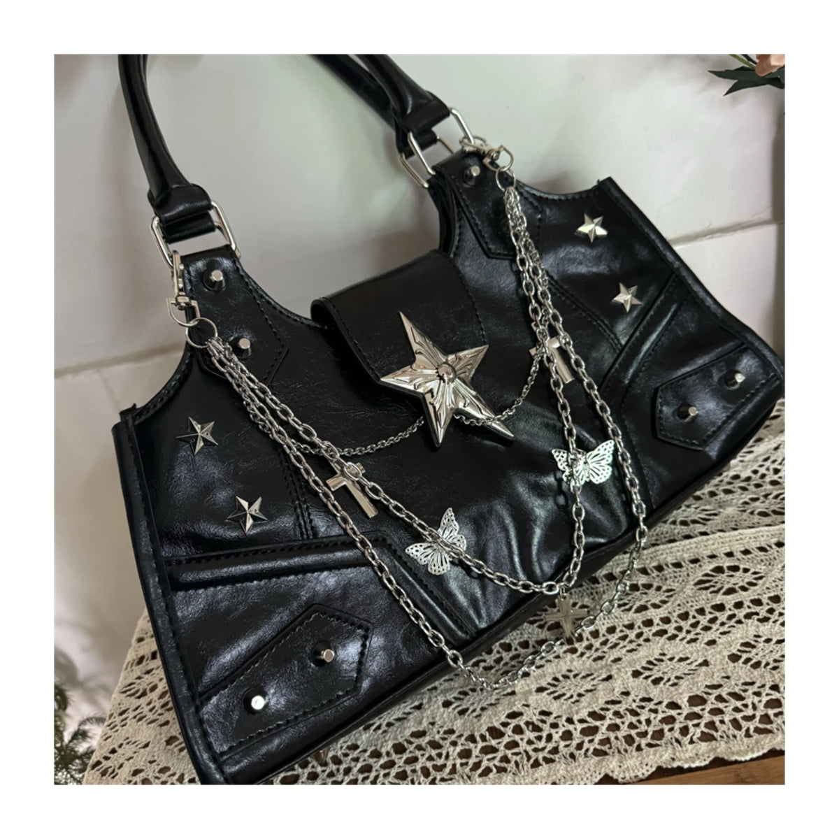 Black Large Capacity Shoulder Bag Y2K Style Crossbody Bag pu Leather Casual Fashion Star Chain Punk Bag