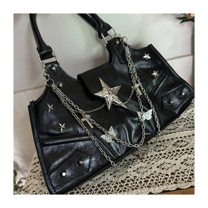 Black Large Capacity Shoulder Bag Y2K Style Crossbody Bag pu Leather Casual Fashion Star Chain Punk Bag