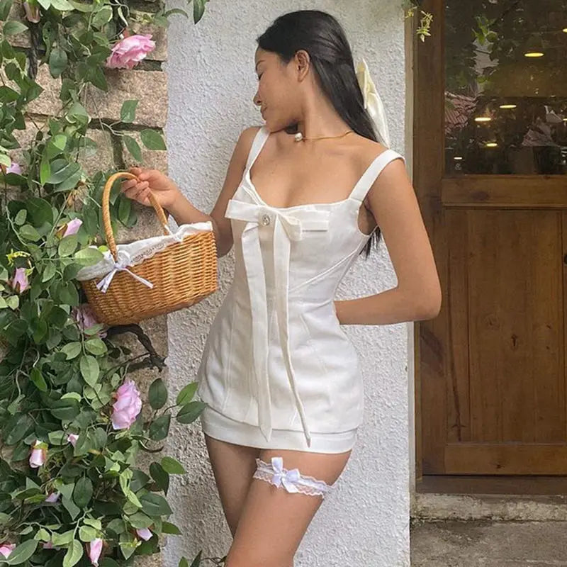 Dress Bow Patchwork Low-Cut Sleeveless Mini Dresses White Elegant French Gentle With Bodycon Skirts Sexy European American Style