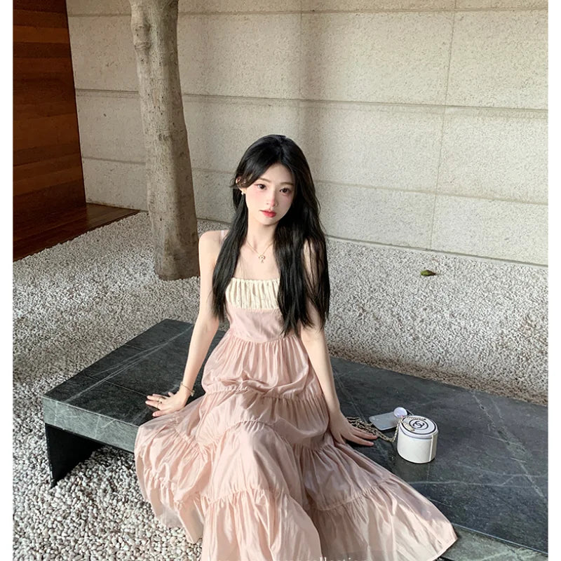 Elegant Vintage Fashion Patchwork Midi Dresses for Women Summer Beach Holiday Spaghetti Strap Casual Party Female Clothing