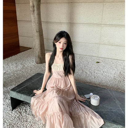 Elegant Vintage Fashion Patchwork Midi Dresses for Women Summer Beach Holiday Spaghetti Strap Casual Party Female Clothing