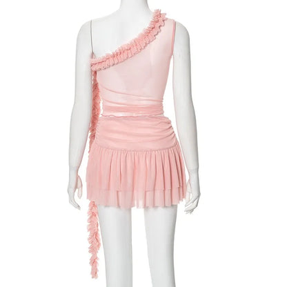 Summer Elegant Mesh Solid 2 Piece Set Women Sexy One Shoulder Lace Tassel Crop Tops Ruched Layered Mini Skirt Streetwear