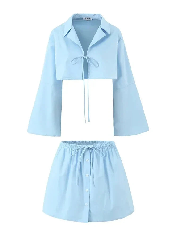 Light Blue Skirt Set Women Summer 2 Pcs Outfits Summer Spring Bowknot Buttons Female Set 2024 Flare Sleeve Top Skirt Set