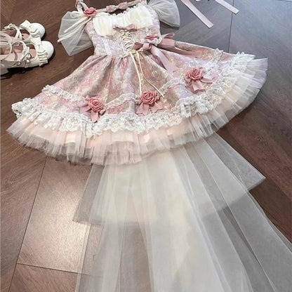 Pink Jacquard Girly Style Dress Sweet Girl Puffy Trailing Birthday