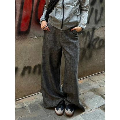 Vintage Women Tartan Bootcut Suit Pants Checkered Draped Tweed Long Trousers High Waist Wide Leg Pants Casual Streetwear