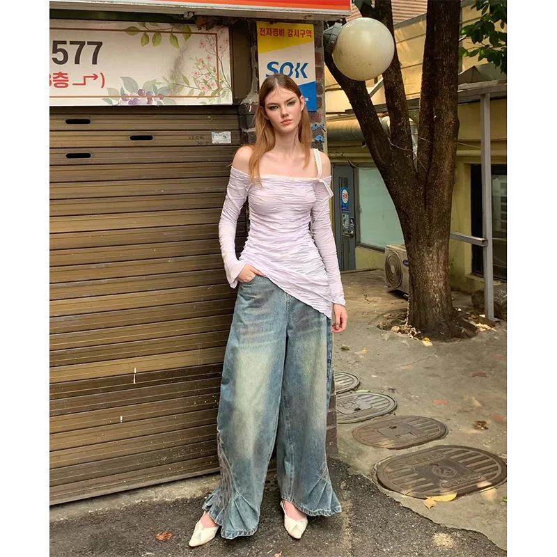 Autumn Loose Simple All-match Wide Leg Pants Women Street Personality Design Y2K Jeans Popular Fashion New Jeans for Women