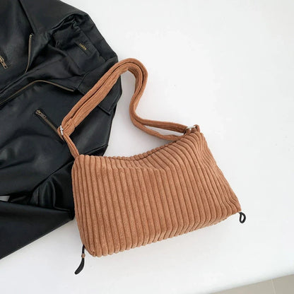 Beige Corduroy Bag For Women Simple Shoulder Bag Versatile Shopper Underarm Handbag Purse Zipper Small Messenger Bag Travel