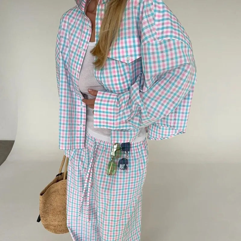 Women's Pink Blue Plaid Set Oversized Shirt & Wide-Leg Pants 2 Piece Set Casual Loose Long Sleeve Co-ord Outfits Chic Tracksuit
