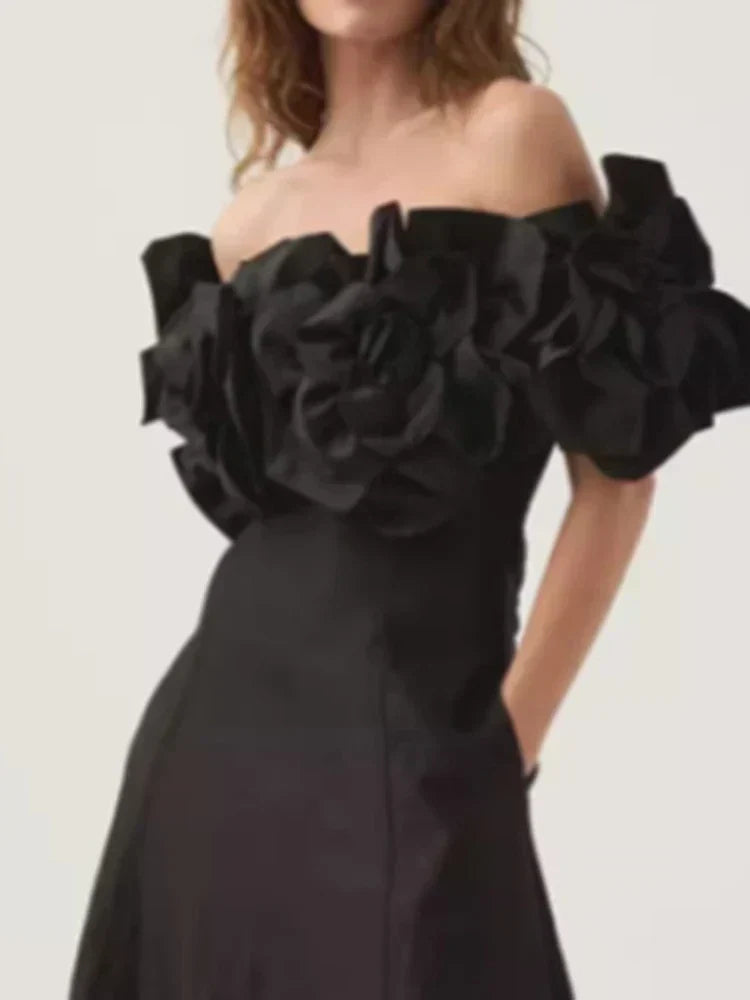 Off Shoulder 3D Floral Rosette Applique Fit Flare Mini Dress