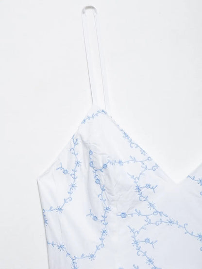 Summer Elegant Embroidery Sling Mini Dress For Women Holiday Sleeveless Backless V-Neck Pocket Side Zipper Causal Dresses