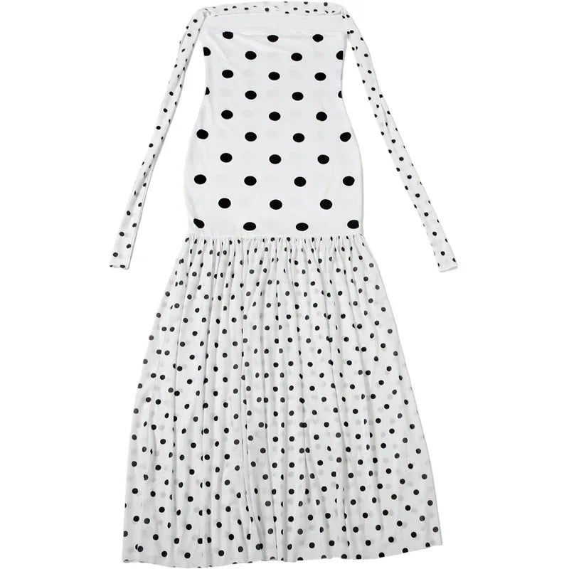 Sexy White Dot Print Strapless Maxi Dress with Matching Scarf for Women Summer Sleeveless Mesh Patchwork Vacation Dress