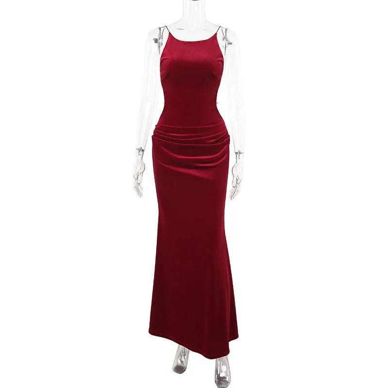 Sexy Velvet Backless Sling Long Dress Women Retro Solid Sleeveless Lace Up Slim Evening Dresses Female Elegant Chic Party Street