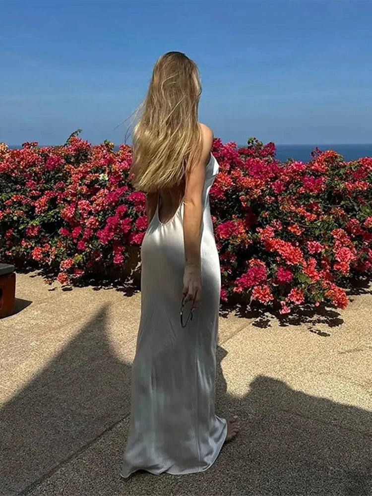 Backless Spaghetti Strap Satin Long Dress Women Elegant Off Shoulder Sleeveless Slim Maxi Dresses Woman Sexy Holiday Party Robes