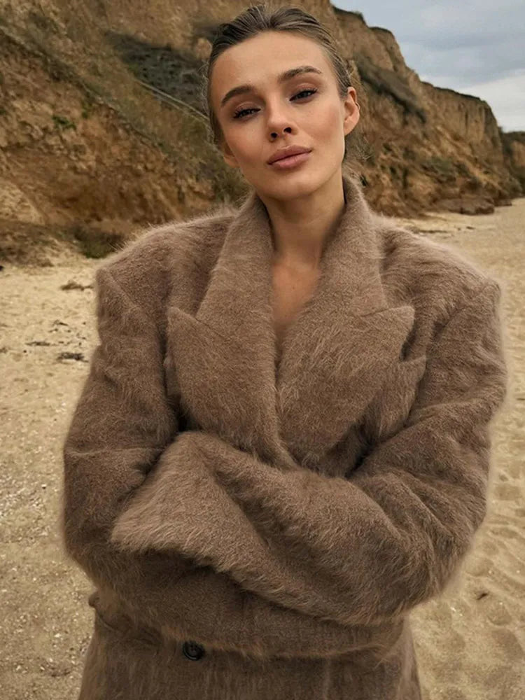 Retro Solid Color Long Sleeved Lapel Women's Coat Fashion Pocket Double Breasted Jacket Autumn High Street Ladies Outerwear