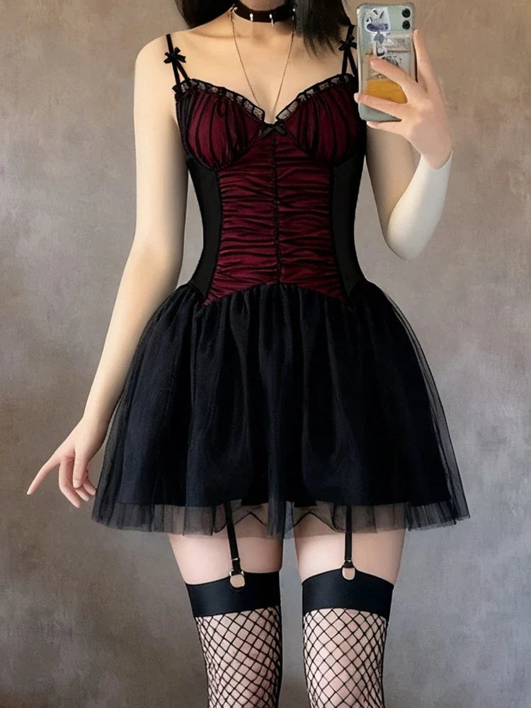 Gothic Black Bow Spaghetti Strap Dress Women Fashion Ruched V Neck Sleeveless Mesh Patchwork A Line Mini Dress Clubwear