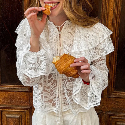 New lace see through double-layer ruffle collar shirt with stylish and stylish design