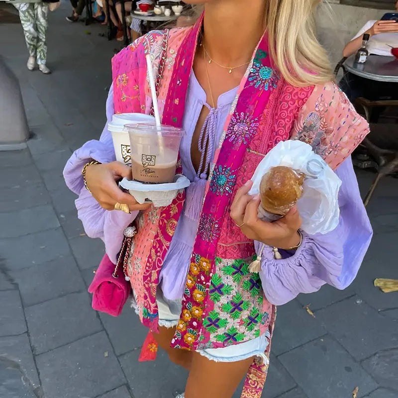 Women Pattern Printed Lace-up Cardigan Winter All Match High Street Jacket Autumn Sleeveless Ethnic Style Waistcoat Coat 2024