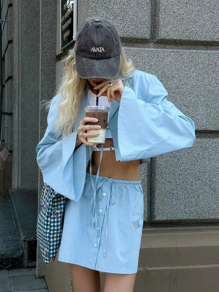 Light Blue Skirt Set Women Summer 2 Pcs Outfits Summer Spring Bowknot Buttons Female Set 2024 Flare Sleeve Top Skirt Set