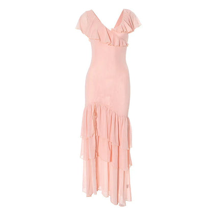 Mesh Patckwork Ruffled Edge Tank Maxi Dress Women V-neck Backless Irregular Waist Cinching Slim Long Dress Party Clubwear