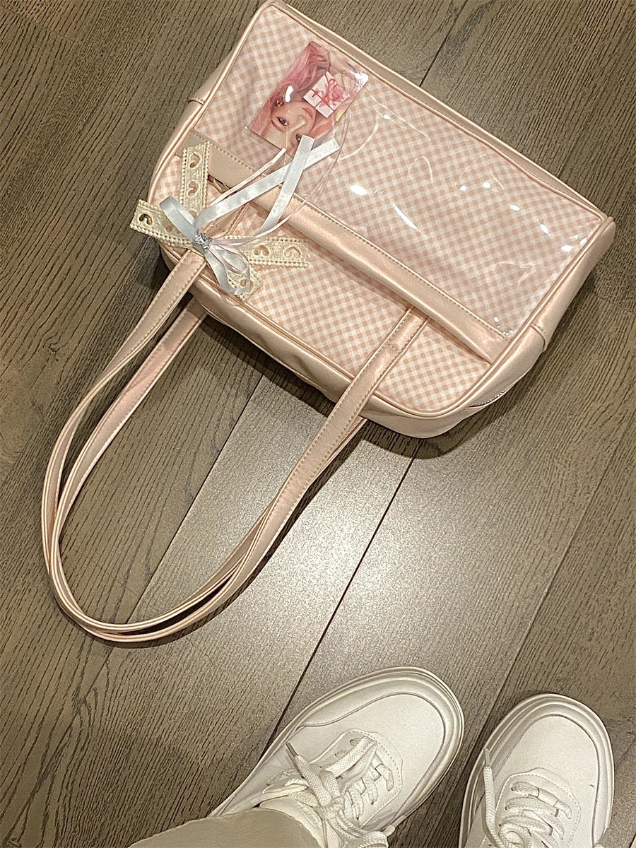 Sweet Girl Japanese Original Pink Plaid Small Capacity Transparent Pain Bag Baby Bag Two-dimensional Student Shoulder Bags