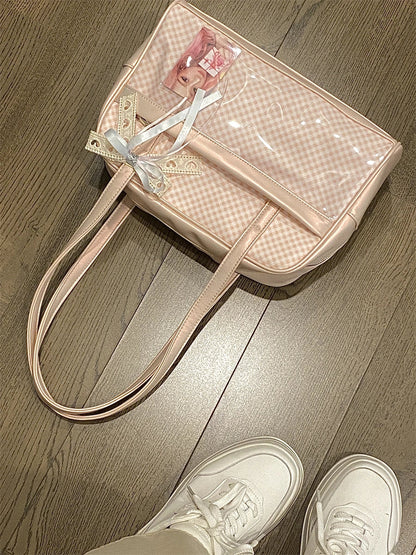 Sweet Girl Japanese Original Pink Plaid Small Capacity Transparent Pain Bag Baby Bag Two-dimensional Student Shoulder Bags